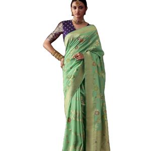 El último diseñador de seda pura Dola con blusa tejida Mina Kari Saree de Fab Zone - Product Image 1