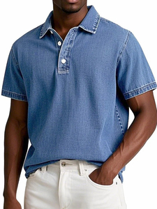 Polo de Mezclilla Gris de Manga Corta para Hombre, Estilo Casual, Cierre de Botones, Corte Regular, Tejido Antiarrugas - Product Image 5