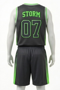 Ensemble de maillot de basket Storm noir et vert, sublimé, col en V, sans manches, short à cordon, évacuation de l'humidité, coupe athlétique, adulte - Product Image 3