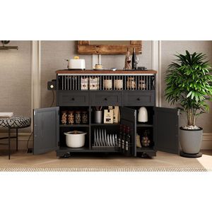 K K 46.5 Farmhouse Style Kitchen Island with <b>Beaded</b> Drape Power Outlet Rolling Cart on Wheels Drop Leaf & 3 <b>Doors</b> - Product Image 2