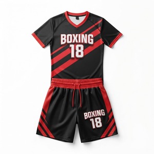 Boxing 18 Kit athlétique unisexe noir et rouge avec impression par sublimation, short et t-shirt anti-transpiration - Product Image 1