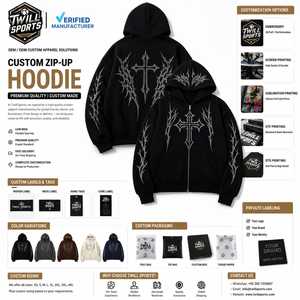 Sudadera con capucha gótica para hombre, con cremallera, de algodón negro, forro polar, estampado digital de cruz, corte regular, bolsillo frontal en la manga, lavado ácido, estilo invierno - Product Image 4