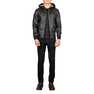 Chaqueta con Capucha de Cuero PU Negra para Hombre, Cierre de Cremallera, Corte Ajustado, Estilo Casual, para Otoño, Manga Larga, Color Sólido - Product Image 1