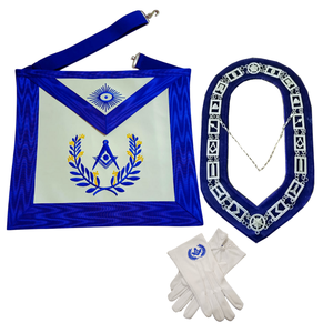 Ensemble de tablier, col et gants de franc-maçon brodés bleu et blanc, ensemble de régalia maçonnique pour diacre senior - Product Image 1