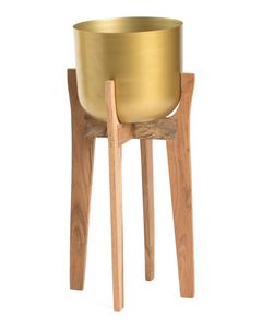 Gold Plated Metal Flower <b>Pot</b> with Wooden Stand Modern Minimalist Design for Indoor Use Desktop Planters Set of Two - Product Image 4