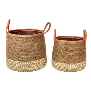 Two-Tone Round <b>Seagrass</b> <b>Basket</b> with Leather Handles Woven Storage <b>Baskets</b> Living Room Décor Household Organization Products - Product Image 4