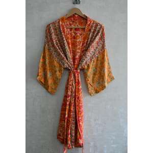 Kimono de Seda con Parches, Estilo Boho, Largo, para Dormir, Hecho a Mano, Talla Grande, Transpirable, con Estampado Floral Otoñal - Product Image 1