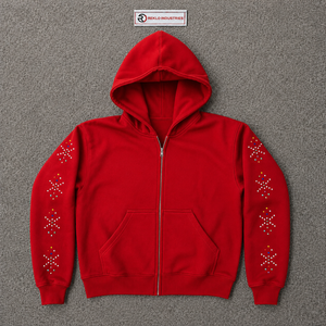 Sweat à capuche zippé premium rouge orné de strass, texturé et embossé, style streetwear, avec manches cloutées de cristaux multicolores - Product Image 5