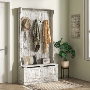 Distressed White 3-in-1 Entryway Bench with Coat Rack Hall Tree 5-<b>Hook</b> <b>Shoe</b> Storage Stand for Hallway - Product Image 2