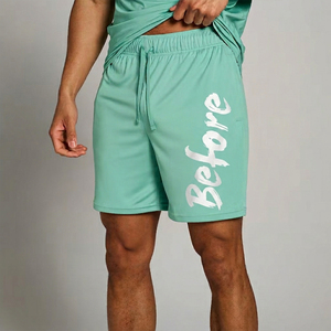 Shorts pour homme en polyester respirant, couleur vert menthe, avec cordon de serrage et imprimé « Before » sur le devant, style décontracté - Product Image 1