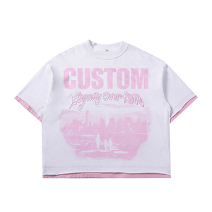 Camiseta de Manga Corta Oversize para Hombre, Blanca con Estampado Gráfico Rosa, Cuello Redondo, Ribete en Contraste, Estilo Urbano - Product Image 2
