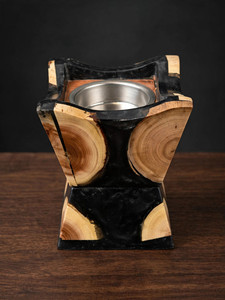 Porte-encens en bois fait main avec insert en métal doré, motif marbré et grain de bois, cylindre aromatique - Product Image 1
