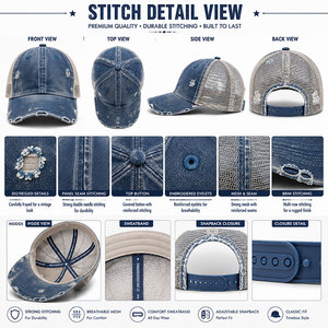 Customized Distressed Blue Denim Trucker Hat <b>Vintage</b> Washed Snapback <b>Cap</b> with Frayed Details With Best Quality - Product Image 4