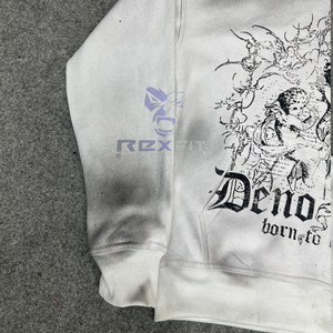 เสื้อฮู้ดดี้ผู้ชายสไตล์สตรีทแวร์ ปรับราคาได้ แฟชั่นอินเทรนด์ สีชมพู ซิป แต่งลายขาดๆ ประดับเพชร ซิปแบบรูดขึ้น ล้างสีแบบแอซิดวอช ผ้าฟลีซ - Product Image 4