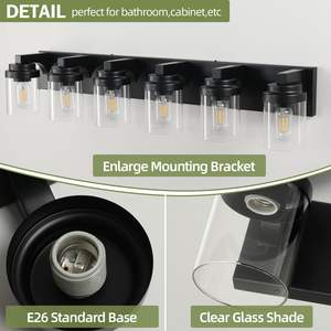 Luminaire de salle de bain moderne à 6 lumières, abat-jour en verre noir et transparent pour chambre à coucher et couloir, ampoules non incluses - Product Image 5