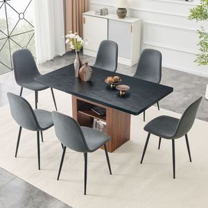 Set Moderno di Tavolo da Pranzo a L Espandibile e Sedie, 59-71 Pollici, con 6 Sedie Abbinate in Lino e Cotone Grigio Scuro - Product Image 1