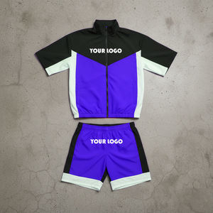 <b>Men's</b> Color Blocking Sporty Short Sleeve <b>Jacket</b> And Shorts Set Quick Dry <b>Summer</b> Wear With Logo Printing - Product Image 2