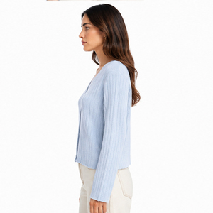 เสื้อคาร์ดิแกนไหมพรมคอวีสีฟ้าอ่อนสำหรับผู้หญิง แขนยาว สีพื้น สไตล์ลำลองแนวสตรีทแฟชั่น เสื้อสเวตเตอร์คาร์ดิแกนสำหรับผู้หญิง - Product Image 6