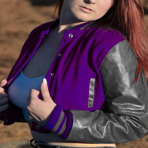 Womens Varsity Crop <b>Jacket</b> Purple <b>Silver</b> Letterman Style Bomber Coat Faux Leather Sleeves Casual Outerwear Ladies Fashion - Product Image 3