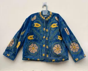 Chaqueta de terciopelo azul real premium para mujer, ropa étnica de invierno, manga larga, cuello mandarín, abrigo corto a precio de fábrica - Product Image 2