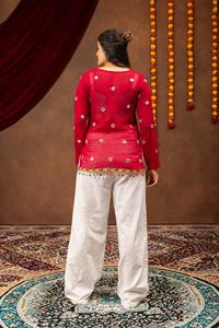 Women's Red Ethnic Cotton Digital <b>Printed</b> Embroidered <b>White</b> <b>Palazzo</b> Pants Loose Fit Casual Wear India Pakistan Style All Seasons - Product Image 4