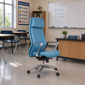 Chaise de bureau pivotante moderne à dossier haut en cuir avec base en aluminium et hauteur réglable - Achat en gros pour le personnel - Product Image 1