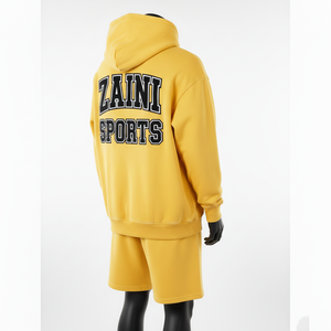 Ensemble sweat à capuche et short pour homme en molleton épais mélangé coton, jaune moutarde, avec logo personnalisé - Product Image 5