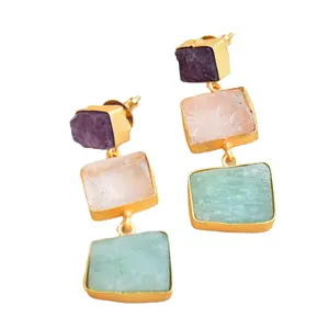 Semi-precious stone earrings Raw gemstone handmade jewelry suppliers trendy natural stone jewellery drop earrings Gold plated