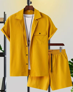 Men's Solid Color Short Sleeve Shirt Shorts Set Breathable Woven Casual Summer Wear Yellow Drawstring Pants Outfit - Product Image 1