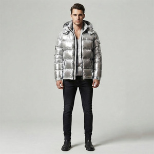 2027 Winter Men Metallic Silver Puffer Jacket Shiny Hooded <b>Bubble</b> <b>Coat</b> Thick Quilted Warm Jacket Custom OEM Wholesale - Product Image 3