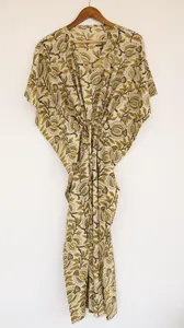 Vintage <b>Boho</b> Floral Block Print White Kaftan <b>Dress</b> With Tie Back Loose Fit Short Sleeve Cotton <b>Summer</b> Long <b>Dress</b> - Product Image 6