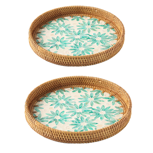 Round Mother of Pearl Inlaid <b>Tray</b> Handcrafted Durable Wood Rattan <b>Tray</b> for Home Decor and Wedding <b>Storage</b> <b>tray</b> - Product Image 5