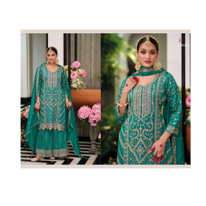 Ensemble Salwar Kameez en Soie Lourde Élégant avec Broderies Riches, Prêt-à-porter, Tenue de Soirée Ethnique pour Femme, Collection Mariage - Product Image 1