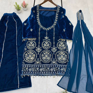 Ensemble brodé en velours avec dentelle, pantalon palazzo en velours et sous-vêtement micro-cousu, tailles M, L, XL et XXL - Product Image 1