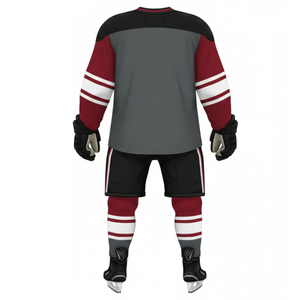 Uniforme de hockey sur glace pour hommes très demandé - Couleurs gris foncé, bordeaux et blanc, respirant, séchage rapide, imprimé, tenue d'équipe - Product Image 2