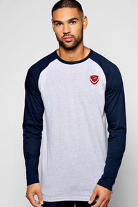 Camiseta de Manga Larga Raglán para Hombre, Gris Marino, Cuello Redondo en Contraste, Estilo Casual, Algodón Jersey, Corte Regular, con Logotipo Frontal - Product Image 4