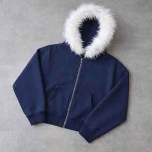Veste en polaire à capuche vert olive avec fermeture éclair en fourrure blanche, vêtement d'extérieur décontracté d'hiver unisexe, coupe régulière - Product Image 4