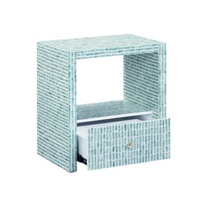 Meubles de chambre à coucher modernes et luxueux, dotés d'une coque verticale en briques vert menthe incrustées, et d'une table de chevet Capiz avec tiroir inférieur et ouvert. - Product Image 3