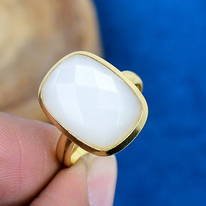 Natural White Moonstone <b>Cushion</b> Shape Gemstone <b>Rings</b> 18k Gold Micron 925 Sterling Silver - Product Image 1