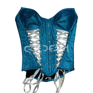 Wholesale Glittery Blue Overbust <b>Corset</b> with Side Lacing Design For Clubwear Party Wear Bustier - Product Image 2