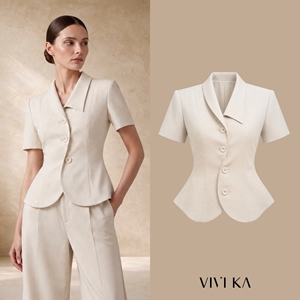 Blazer-péplum asymétrique boutonné crème pour femme, manches courtes, élégant, pour le bureau, ODM OEM ARDEN - Product Image 1