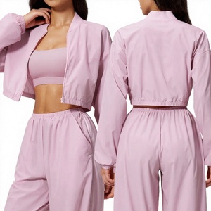 Customized <b>Women's</b> Vintage Solid Acid Wash Nylon/Cotton Full Sleeve Cropped <b>Leisure</b> Track <b>Suit</b> with Custom Logo - Product Image 2