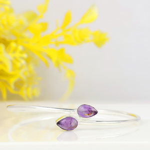 Wholesale 925 Sterling Silver Natural Amethyst Gemstone Teardrop Cuff Bangle Boho Minimalist Two <b>Stone</b> <b>Bracelet</b> Fashion Jewelry - Product Image 4