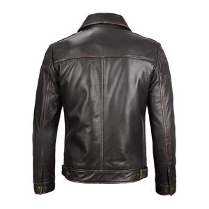 Men's Genuine <b>Leather</b> <b>Jacket</b> Moto Biker Style Turn-Down Collar Zipper Closure Solid Color Regular Fit Autumn Wear - Product Image 6