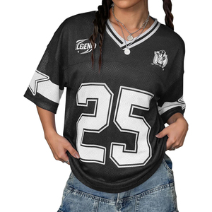 T-shirt pour femme en jersey maillé, col en V, manches courtes, style sportif, respirant, coupe ample, numéro 25, noir et blanc, imprimé logo - Product Image 1
