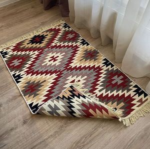 Alfombra Geométrica Kilim Rectangular de Tejido Plano, Lana Acrílica Reversible, Alfombra para Sala de Estar con Flecos - Product Image 1