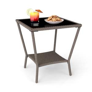 Table d'appoint compacte en rotin et métal durable avec étagère de rangement, table d'appoint carrée en PPL pour patio extérieur avec plateau en verre - Product Image 1