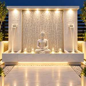 Fontaine d'eau murale extérieure en pierre Bouddha, grande statue de méditation lumineuse, finition polie, design élégant - Product Image 1