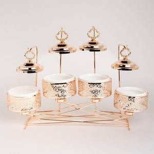 Wholesale 4 Compartment Round Stainless Steel Condiment Server Chafing Dish Set Rose Gold Interlocking Wire Bridge <b>Stand</b> Laser - Product Image 2