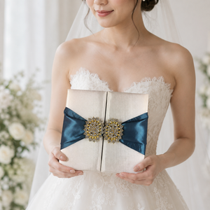 White Silk Wedding <b>Pocket</b> <b>Folder</b> with Rhinestone Brooch | Embellished Gatefold Invitation | Wholesale, Made in Thailand - Product Image 1